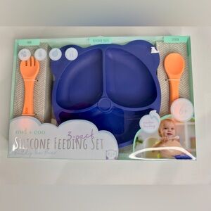 NIB Owl + Coo Baby Toddler Silicone Feeding Set Divided Plate Spoon Fork Blue